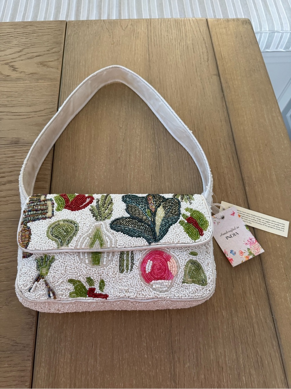 White Beaded Vegetable Motif Shoulder Bag